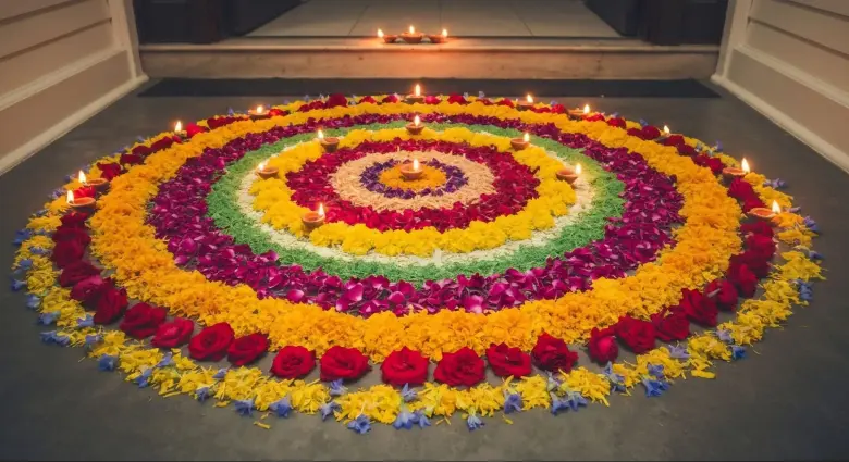 Colorful rangoli made with flowers