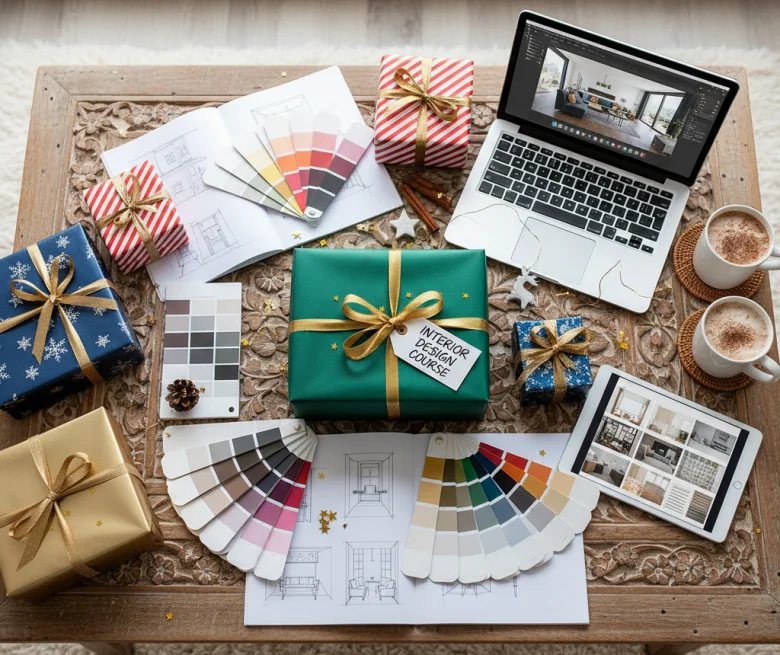 Festive gift box with interior design materials in a decorated Indian home.