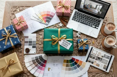 Festive gift box with interior design materials in a decorated Indian home.