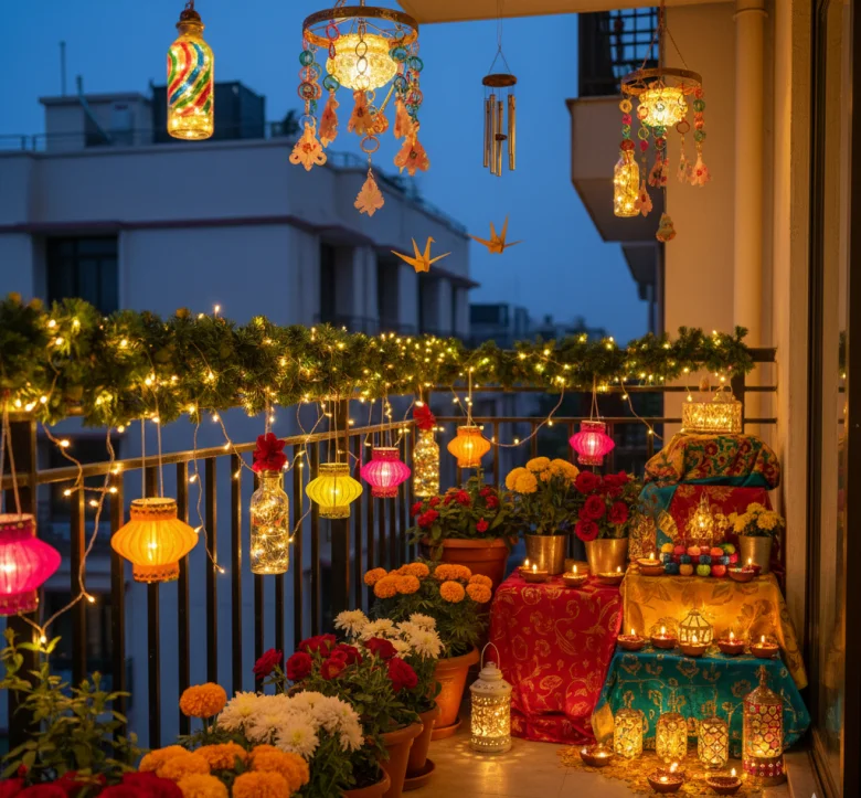 Balcony diwali decoration.
Balcony diwali decoration.