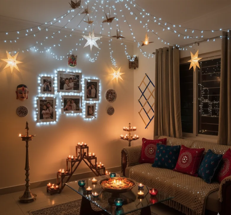 Living room Diwali decoration.
Living room Diwali decoration.