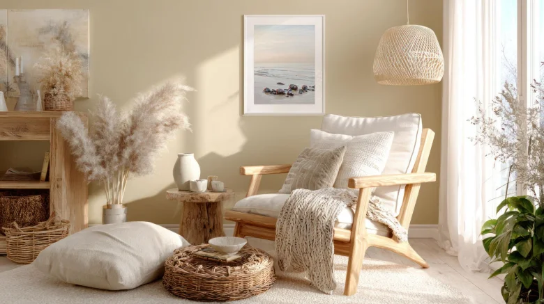 A wooden armchair styled with pillows, throws, and vases. A wooden armchair styled with pillows, throws, and vases.