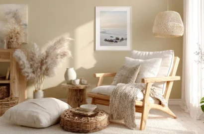 A wooden armchair styled with pillows, throws, and vases. A wooden armchair styled with pillows, throws, and vases.