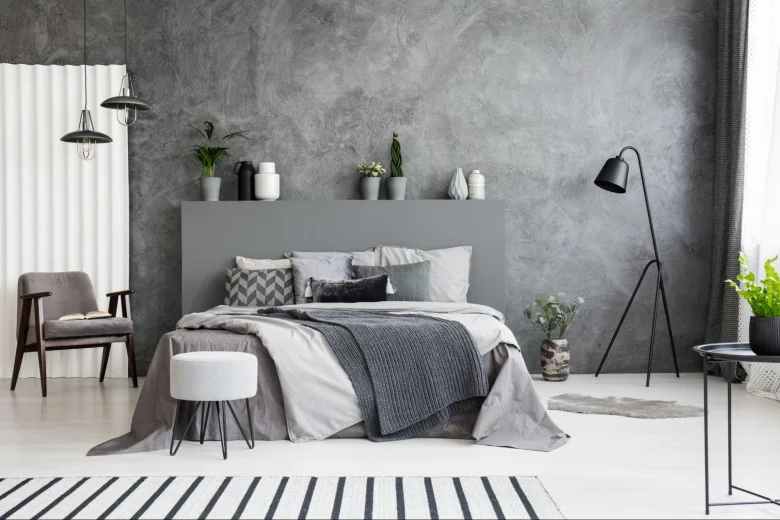 Grey themed bedroom.
 Grey themed bedroom.