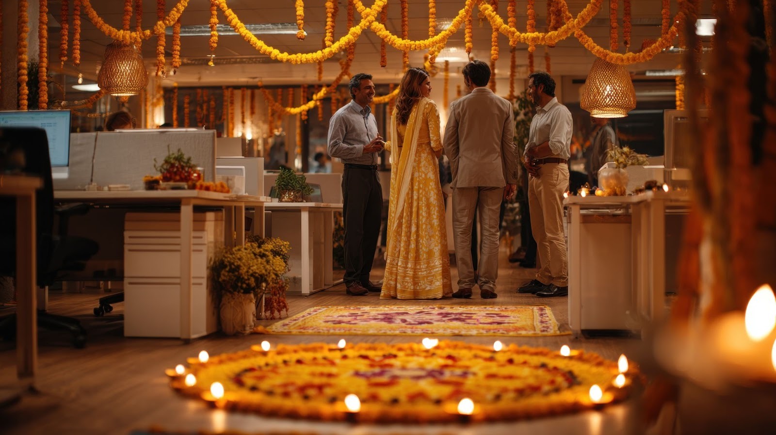 Simple Diwali Decoration Ideas for Office using flower garlands