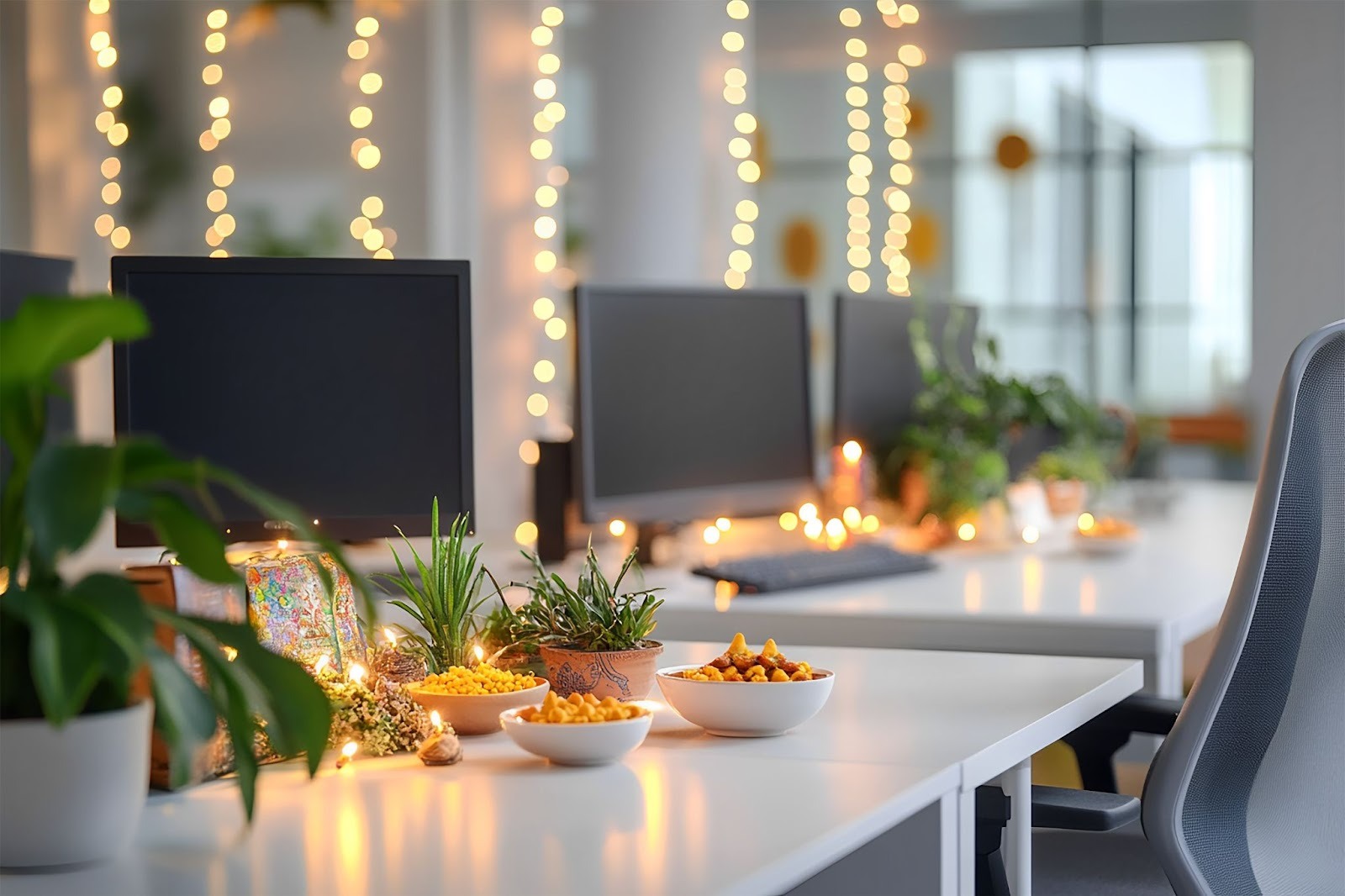 Diwali decoration items placed on an office desk