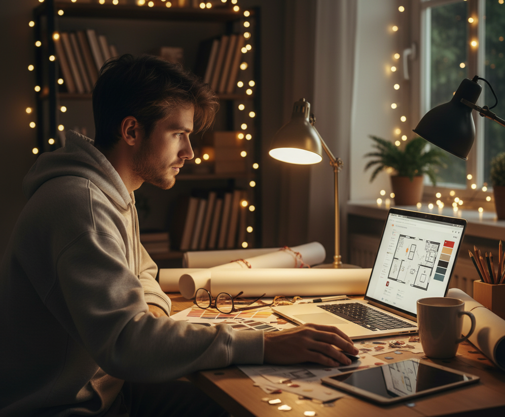 Young man learning interior design online during the festive season