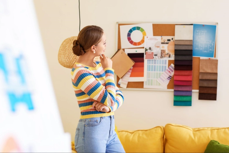 A graphic designer using color trends to decide the color palette for their next project