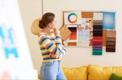 A graphic designer using color trends to decide the color palette for their next project