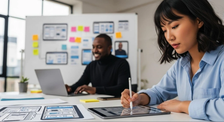 Designers working on a project using UI UX design trends