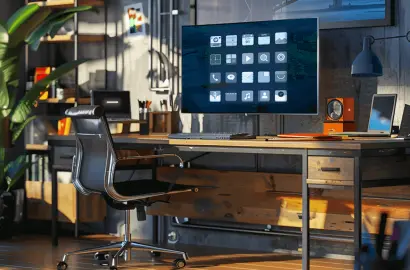 Desktop workspace showing UI interface with app icons on screen