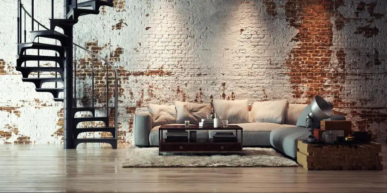 A living room designed in the industrial interior design style