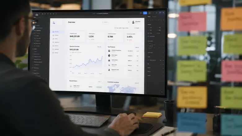 Graphic designer working on an e-commerce dashboard interface in Figma with user journey sticky notes in the background.