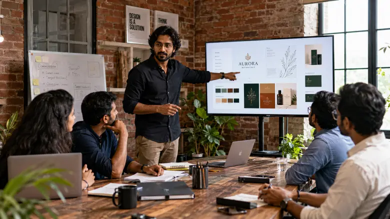 Indian design studio founder presenting a brand mood board to a creative team during a pitch meeting in a modern office.
