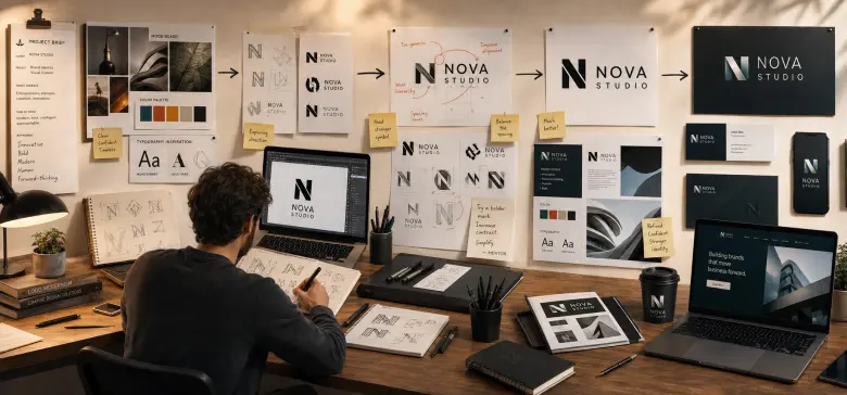 A graphic designer working at a desk with a laptop and drawing tablet, looking at the 'NOVA STUDIO' logo , with a wall displaying the step-by-step layout and typography design process. A graphic designer working at a desk with a laptop and drawing tablet, looking at the 'NOVA STUDIO' logo , with a wall displaying the step-by-step layout and typography design process.