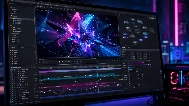 Close-up of a computer monitor displaying a complex 3D motion graphics timeline with glowing shapes and animation keyframes.
