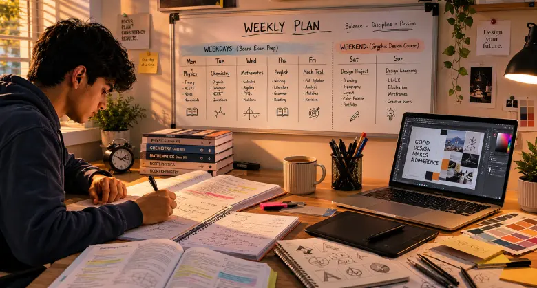 A student studying at a desk with a laptop displaying 'GOOD DESIGN MAKES A DIFFERENCE' , with a whiteboard in the background showing a weekly plan that balances weekday Board Exam Prep with weekend graphic design course work.
A student studying at a desk with a laptop displaying 'GOOD DESIGN MAKES A DIFFERENCE' , with a whiteboard in the background showing a weekly plan that balances weekday Board Exam Prep with weekend graphic design course work.