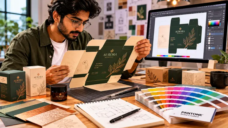 Packaging designer inspecting physical cardboard prototypes and Pantone color swatches in a bright design studio.