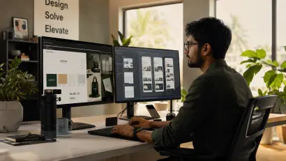 Indian graphic designer working on dual monitors displaying brand identity systems and digital UI in a modern workspace.