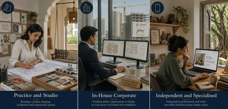Interior designer salary progression chart in India from year 1 to year 5 across 10 career paths, showing INR LPA confidence bands per role with hospitality, real estate, and visualisation leading at year five
Interior designer salary progression chart in India from year 1 to year 5 across 10 career paths, showing INR LPA confidence bands per role with hospitality, real estate, and visualisation leading at year five