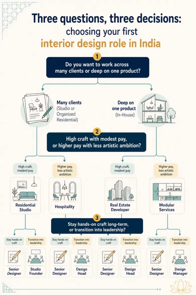 Three-question decision framework infographic for choosing your first interior design job in India, with career path branches for studio versus in-house, high craft versus higher pay, and hands-on versus leadership Three-question decision framework infographic for choosing your first interior design job in India, with career path branches for studio versus in-house, high craft versus higher pay, and hands-on versus leadership