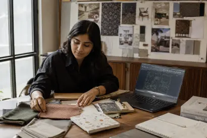 Indian interior designer reviewing material samples, mood board, and AutoCAD floor plans at a Mumbai studio workspace, illustrating career options after an interior design course in India