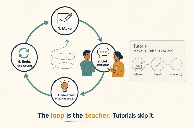 Illustration of the design critique loop of making work, getting feedback, understanding mistakes, and redoing, showing why software tutorials that skip critique fail to build design judgment
Illustration of the design critique loop of making work, getting feedback, understanding mistakes, and redoing, showing why software tutorials that skip critique fail to build design judgment