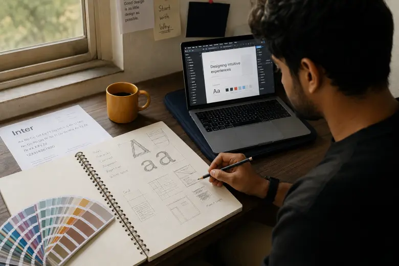 Indian graphic design student working from hand-drawn typography and grid studies alongside a laptop, illustrating a principles-first approach to learning graphic design in India