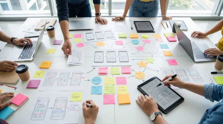 A UI UX design team working on a client project in a Design Studio A UI UX design team working on a client project in a Design Studio