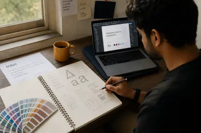 Indian graphic design student working from hand-drawn typography and grid studies alongside a laptop, illustrating a principles-first approach to learning graphic design in India