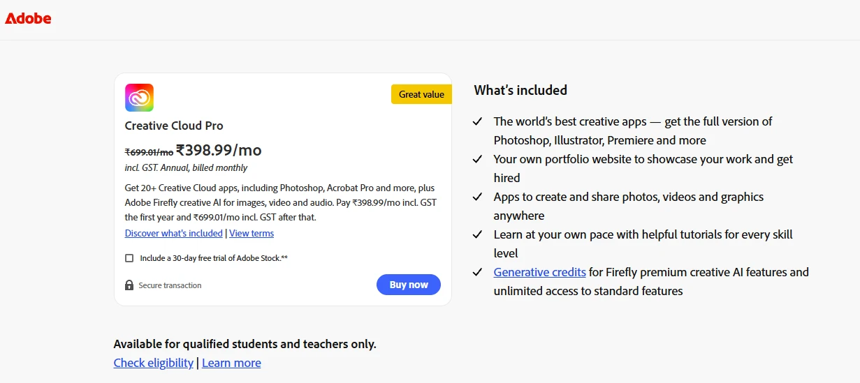 Adobe Pricing for Creative Cloud Pro Adobe Pricing for Creative Cloud Pro